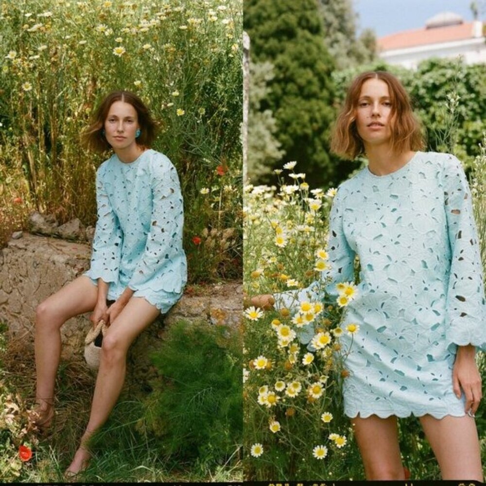 Tuckernuck NEW Aqua Floral Lace Camilla Long Flared Sleeve Mini Dress Size L - Picture 5 of 12